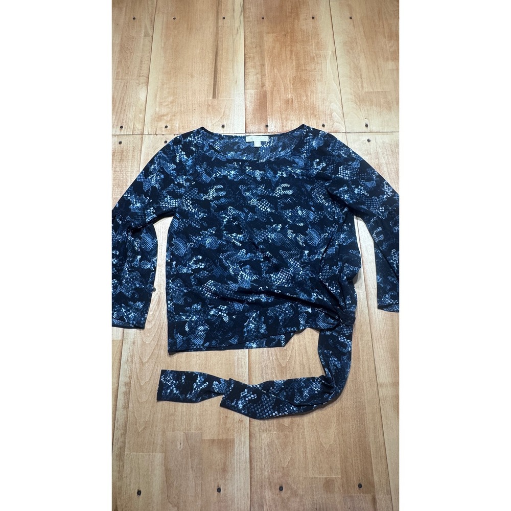Michael Kors Blue Snakeskin Print Side Tie Blouse Top Womens Medium 3/4 Sleeve‎